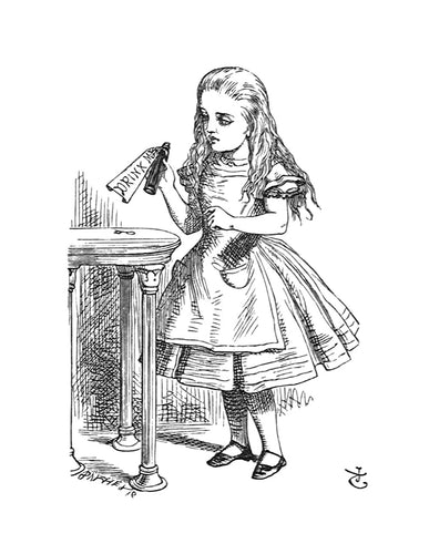 Tied round the neck of the bottle was a paper label, with the word's 'Drink Me,' beautifully printed in large letters...