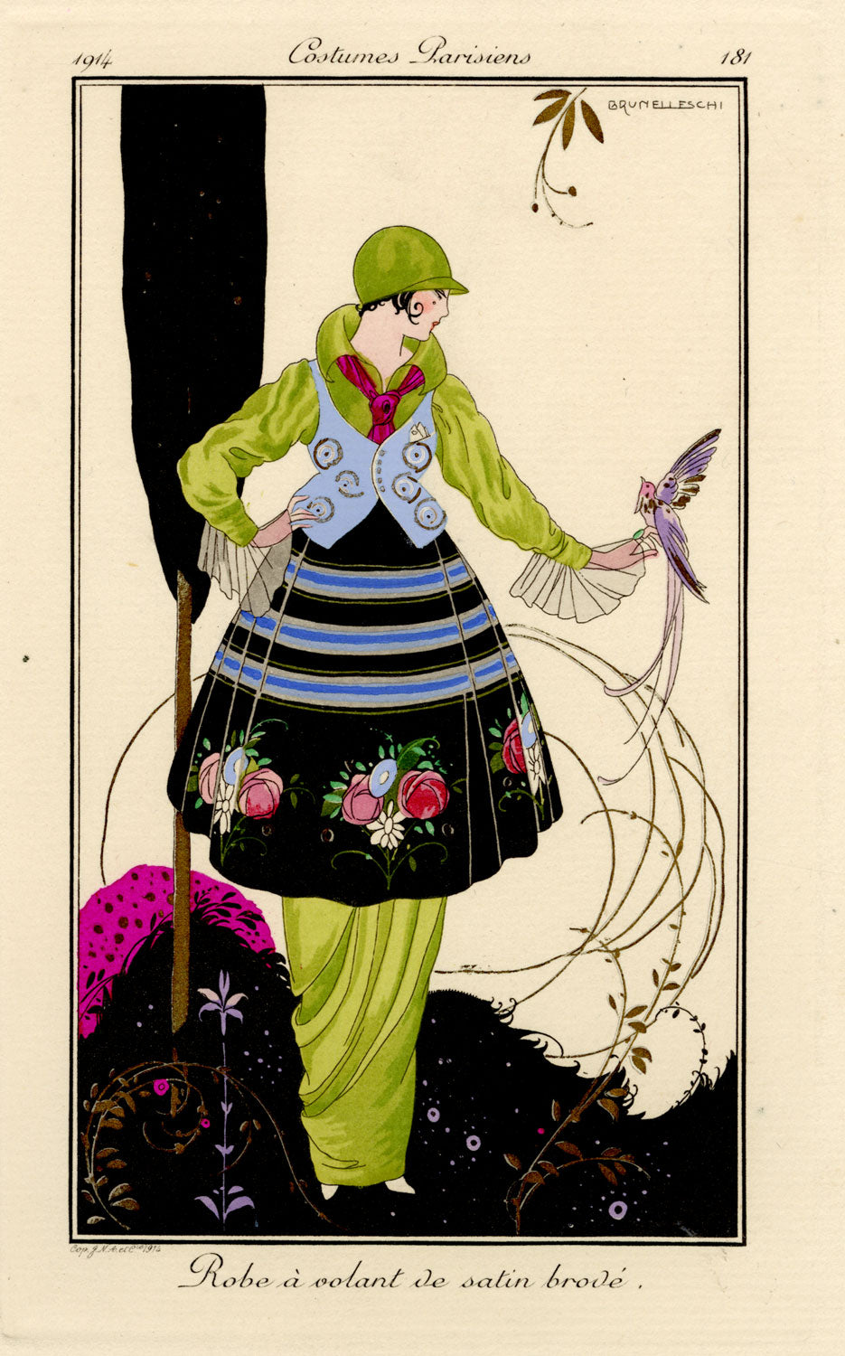 Robe á volant de satin brodé