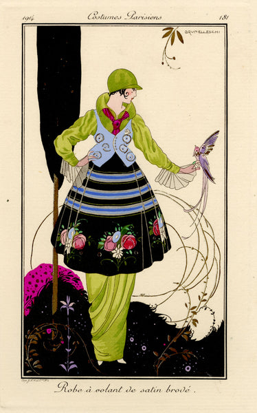 Robe á volant de satin brodé