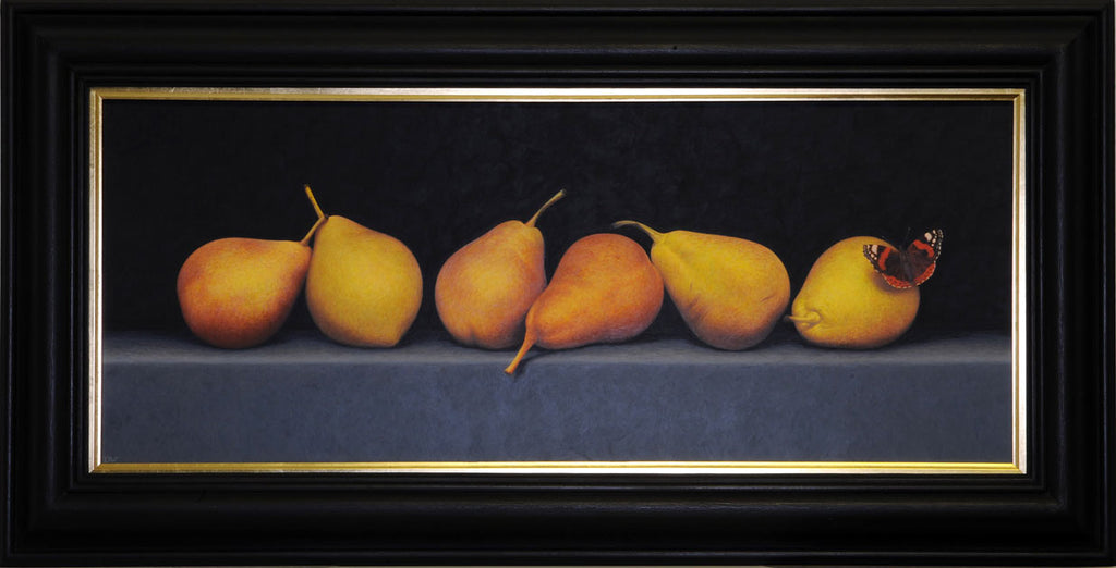 Six Pears with a Red Admiral